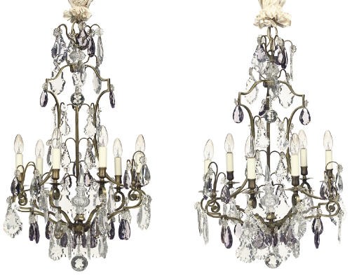 A PAIR OF FRENCH BRASS MOULDED GLASS SIX LIGHT CHANDELIERS