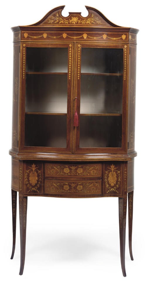 AN EDWARDIAN ROSEWOOD AND MARQUETRY SERPENTINE DISPLAY CABINET