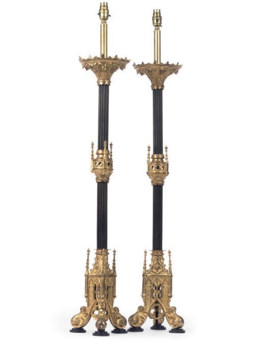 A PAIR OF FRENCH PATINATED AND GILT BRONZE LAMPS