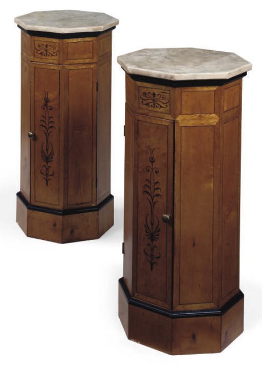 A PAIR OF ITALIAN BIRD'S EYE MAPLE AND EBONISED BEDSIDE CABINETS