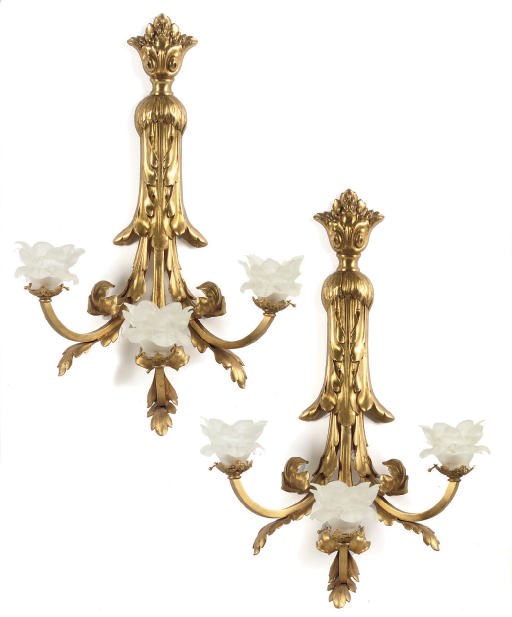 A PAIR OF GILT BRONZE THREE LIGHT WALL APPLIQUES