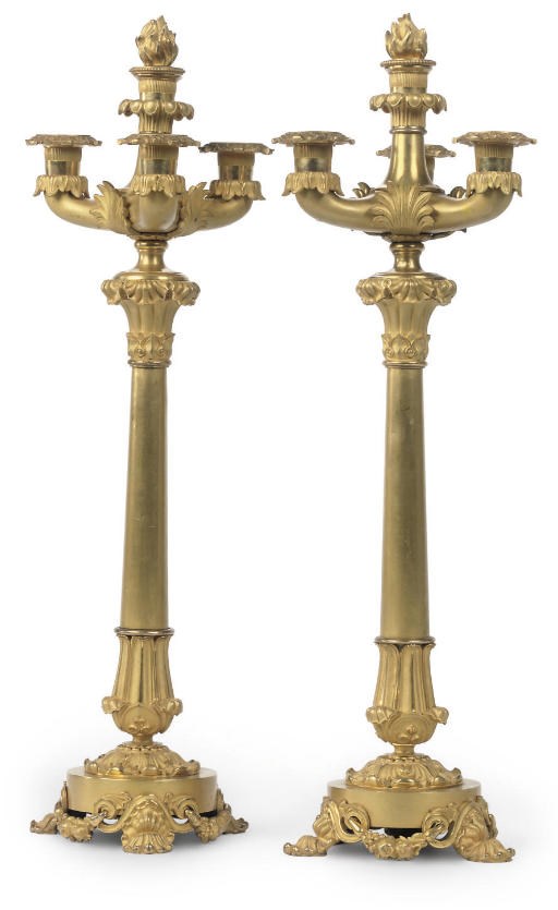 A PAIR OF RESTAURATION FOUR-LIGHT GILT BRONZE CANDELABRA
