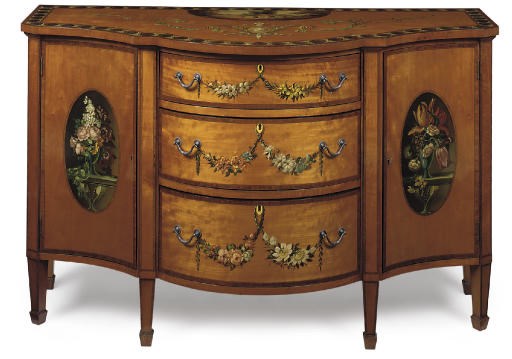 AN EDWARDIAN SATINWOOD AND POLYCHROME DECORATED SIDE CABINET