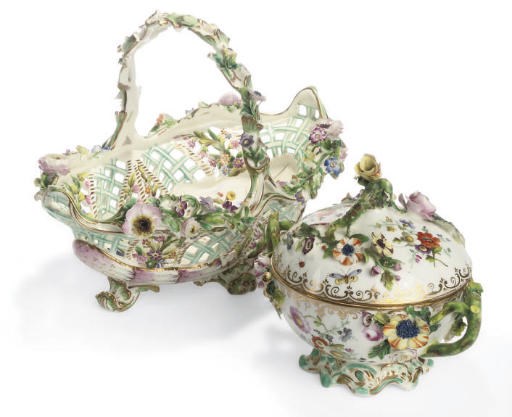 AN ENGLISH PORCELAIN COOLBROOKDALE-TYPE BASKET AND A SUGAR-BOWL AND COVER