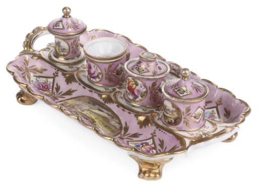 AN ENGLISH PORCELAIN PINK-GROUND TWO-HANDLED INKSTAND