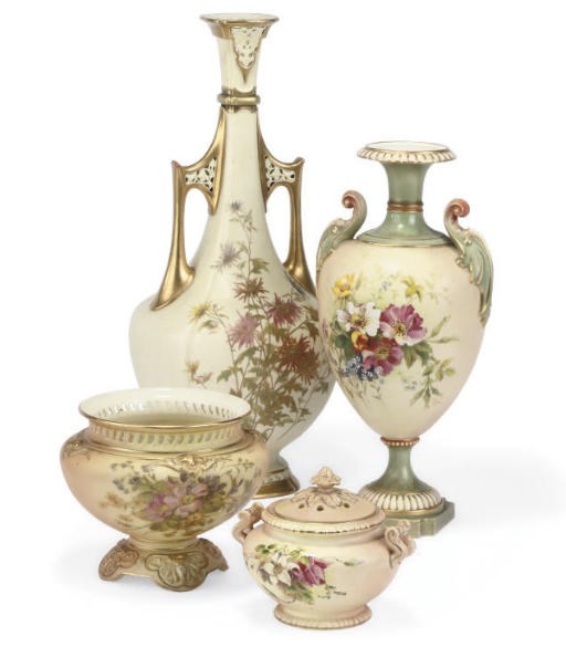 A ROYAL WORCESTER IVORY GROUND VASE, ANOTHER BLUSH-IVORY OVIFORM EXAMPLE, A SQUAT FORMED VASE AND A SMALL POT-POURRI VASE AND COVER