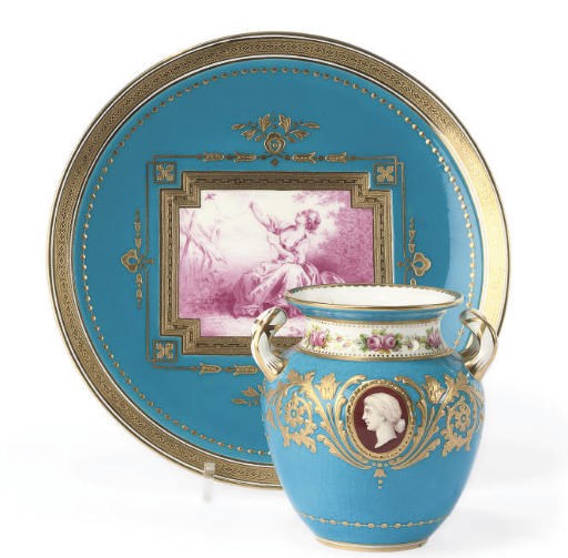 A MINTON TWO-HANDLED OVIFORM TURQUOISE-GROUND VASE AND A PLATE
