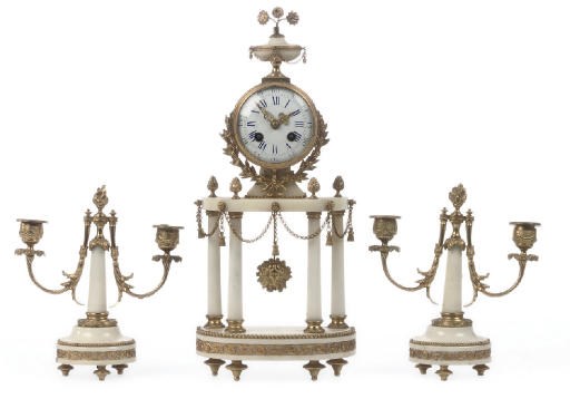 A French gilt-metal mounted white marble striking portico clock and garniture