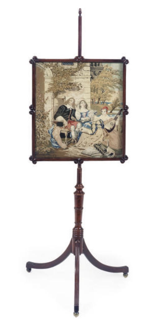 A ROSEWOOD AND MAHOGANY POLE SCREEN