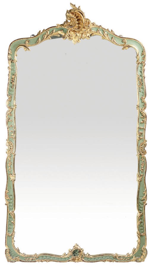 AN ITALIAN GREEN PAINTED AND PARCEL-GILT MIRROR