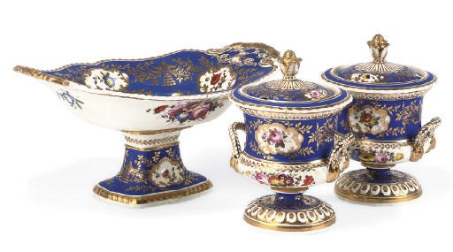 A PAIR OF CHAMBERLAIN'S WORCESTER BLUE-GROUND URN-SHAPED SAUCE TUREENS AND A TWO-HANDLED FOOTED DISH