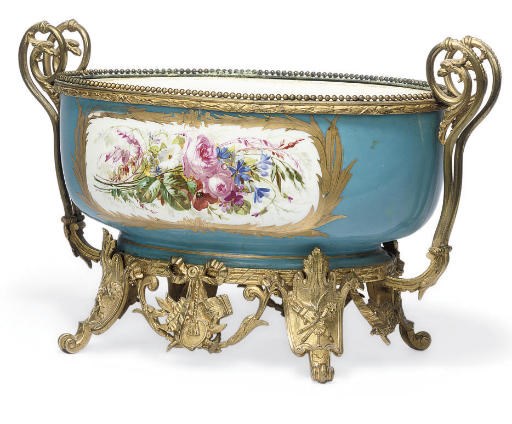 A SEVRES-STYLE TURQUOISE-GROUND GILT-METAL-MOUNTED OVAL JARDINIERE
