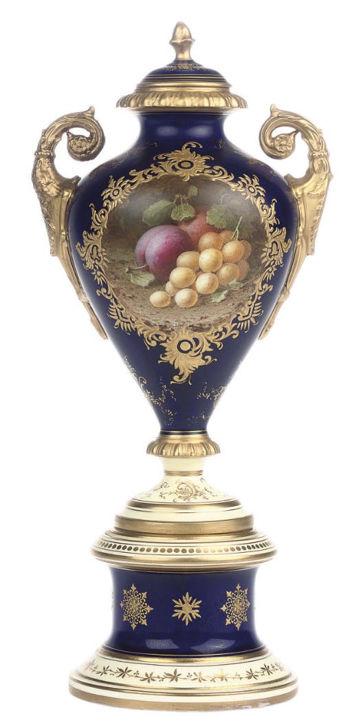 A COALPORT BLUE-GROUND OVIFORM VASE, COVER AND FIXED STAND