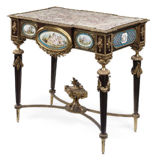A PORCELAIN MOUNTED ORMOLU AND BRASS CENTRE TABLE