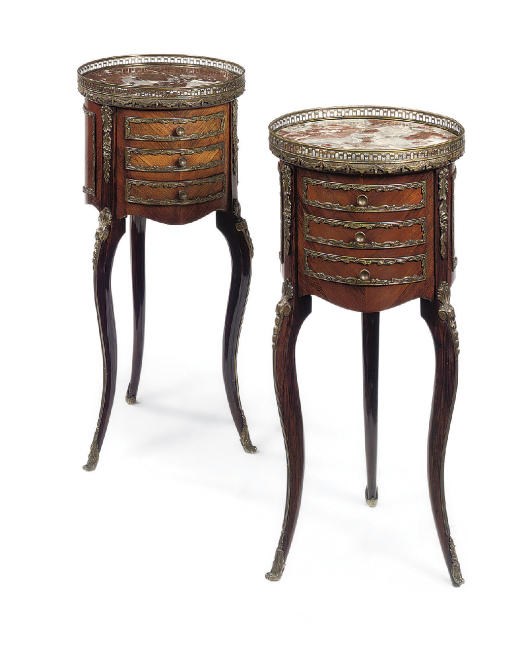 A PAIR OF FRENCH GILT-METAL MOUNTED KINGWOOD OCCASIONAL TABLES