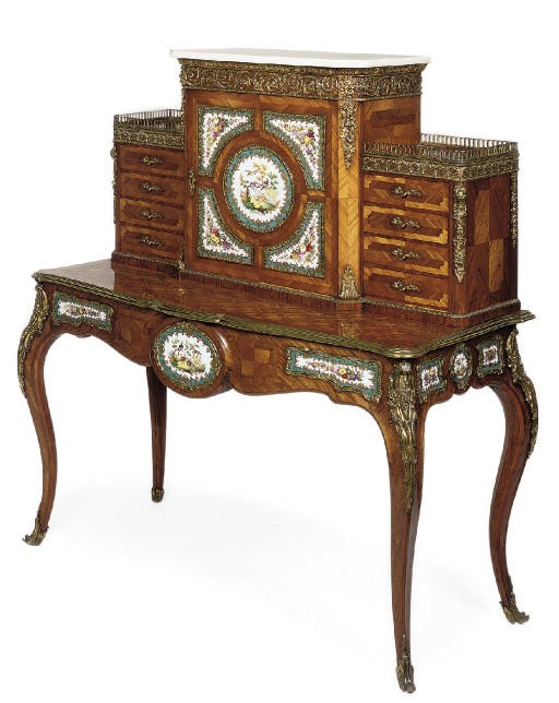 A MID VICTORIAN GILT-METAL AND PORCELAIN MOUNTED TULIPWOOD AND KINGWOOD PARQUETRY BONHEUR DU JOUR