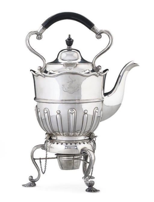 A LATE VICTORIAN SILVER TEA KETTLE, LAMP AND STAND