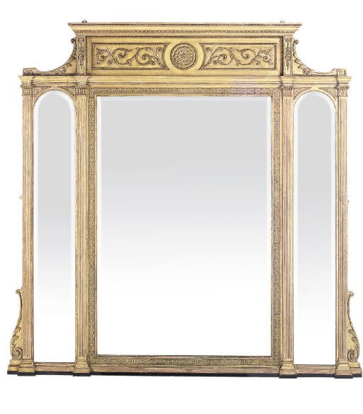 A LATE VICTORIAN GILTWOOD AND COMPOSITION TRIPLE PLATE OVERMANTEL MIRROR