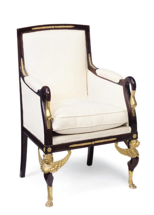 A FRENCH MAHOGANY AND GILT METAL MOUNTED FAUTEUIL
