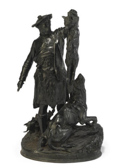 A FRENCH BRONZE FIGURE OF A SCOTTISH HUNTSMAN WITH FOX AND HOUND