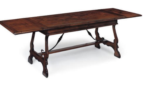 AN ITALIAN STYLE WALNUT, OAK AND INLAID DINING TABLE