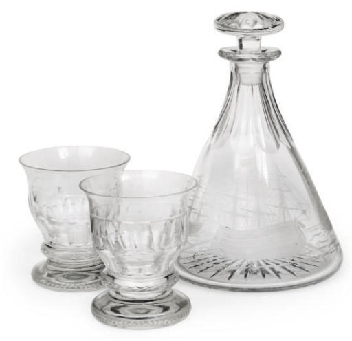 AN ENGRAVED SHIP'S DECANTER AND STOPPER AND A SET OF SIX TUMBLERS