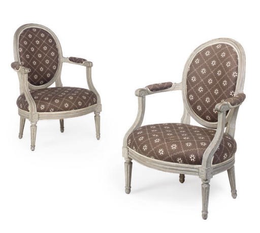 A PAIR OF LOUIS XVI GREY-PAINTED FAUTEUILS VOYEUSES