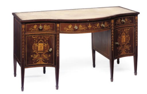 AN EDWARDIAN MARQUETRY AND MAHOGANY KNEEHOLE DESK