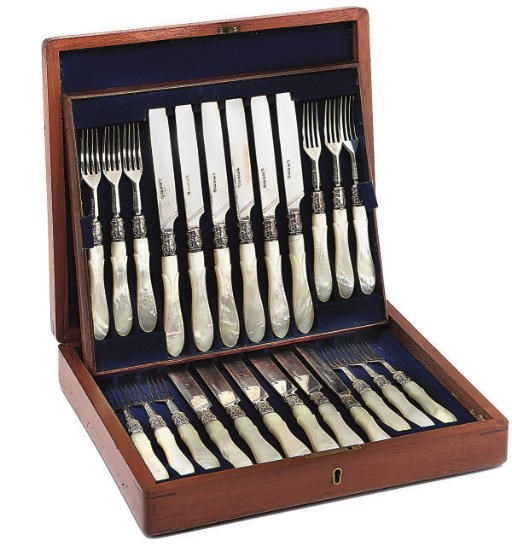 A CASED SET OF 12 PAIRS OF VICTORIAN MOTHER-O'-PEARL HANDLED SILVER FRUIT KNIVES & FORKS