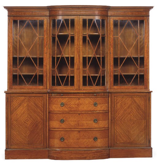 A LATE VICTORIAN SATINWOOD AND INLAID LIBRARY BOOKCASE