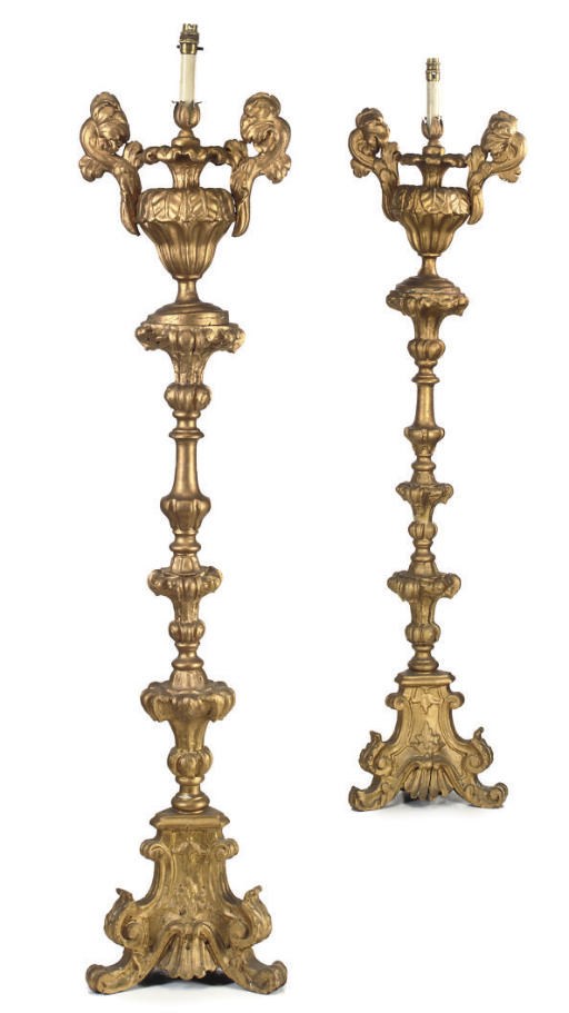 A PAIR OF ITALIAN GILT-WOOD FLOOR-STANDING LAMPS