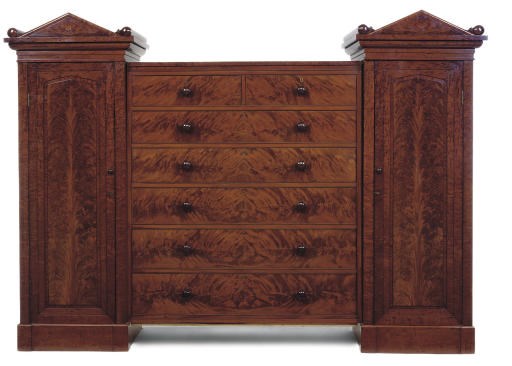 AN EARLY VICTORIAN FIGURED MAHOGANY GENTLEMAN'S WARDROBE