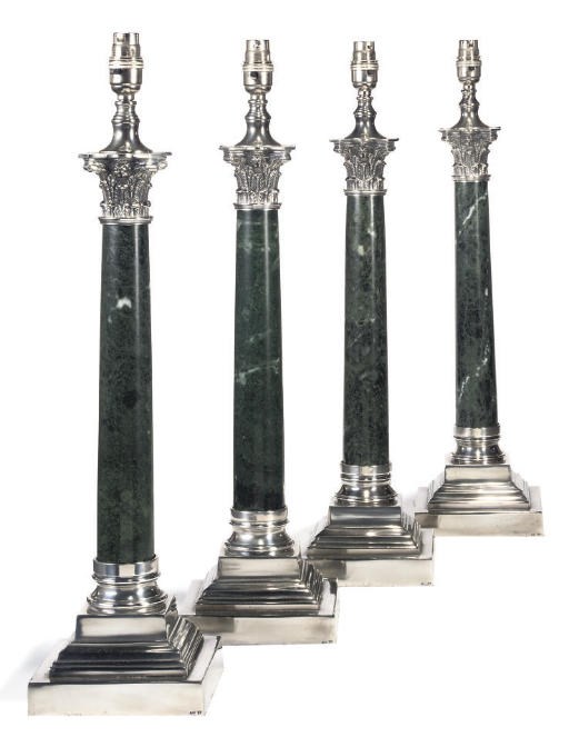 A SET OF FOUR SILVER-PLATED AND GREEN MARBLE TABLE LAMPS