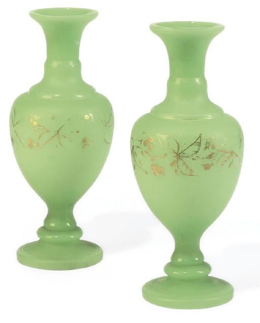 A PAIR OF FRENCH GREEN OPALINE GLASS VASES