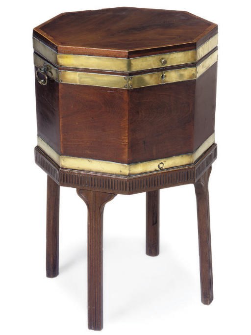 A GEORGE III BRASS BOUND MAHOGANY CELLARETTE