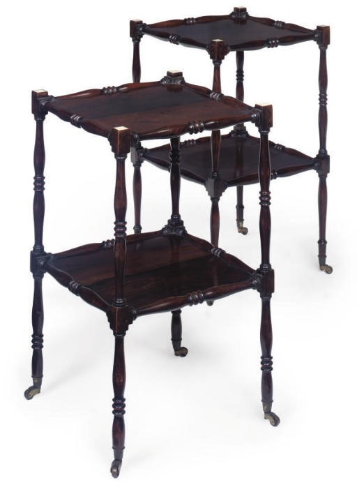 A PAIR OF REGENCY ROSEWOOD TWO TIER OCCASIONAL TABLES
