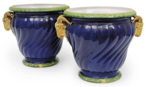 A pair of Minton majolica dark-blue-ground JARDINIERES