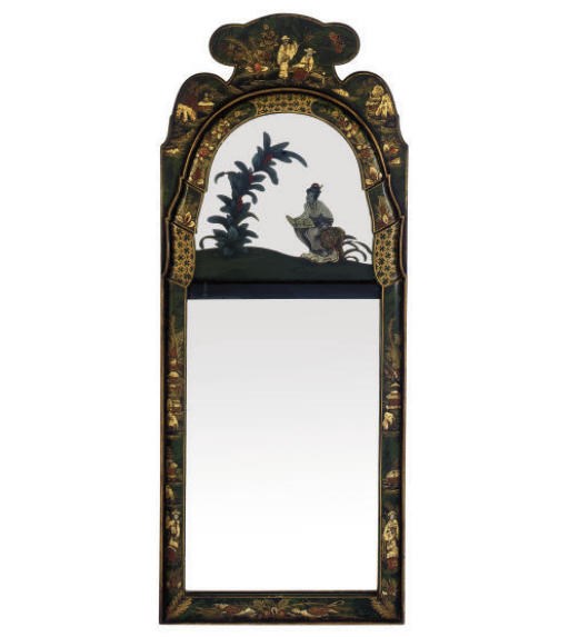 A GREEN JAPANNED AND CHINOISERIE DECORATED MIRROR