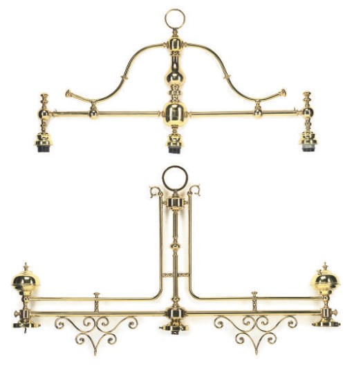 TWO BRASS THREE-LIGHT BILLIARD HANGING LIGHTS