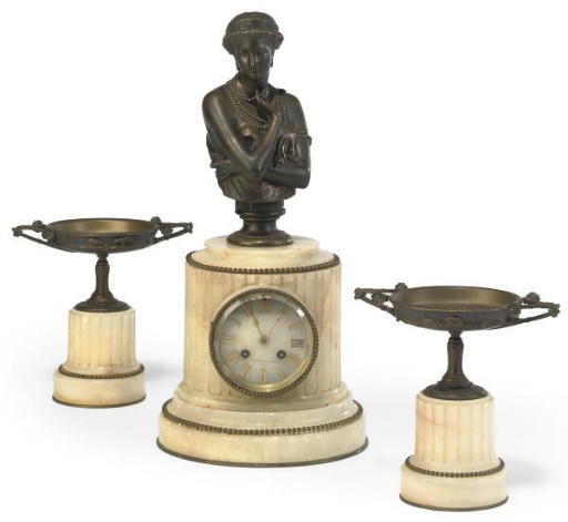 A FRENCH BRONZE MOUNTED ONYX MANTEL CLOCK GARNITURE
