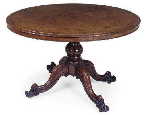 A MID VICTORIAN WALNUT AND BURR WALNUT BREAKFAST TABLE