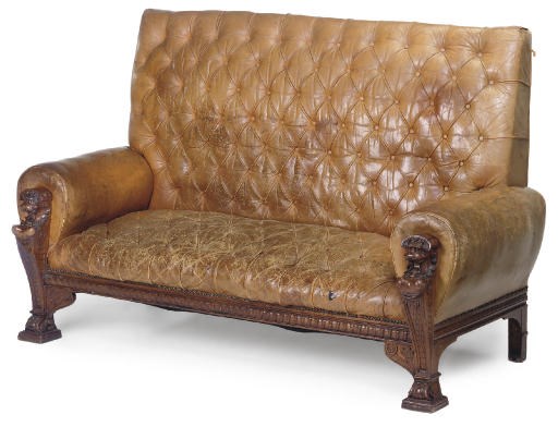 A MAHOGANY-FRAMED AND BUTTONED-LEATHER BILLIARDS BENCH