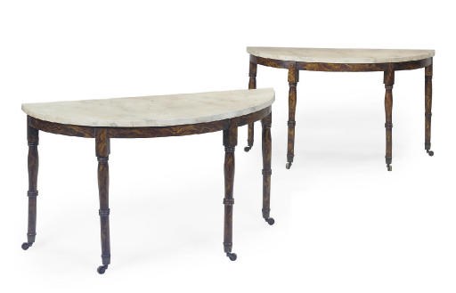 A PAIR OF SIMULATED-WALNUT DEMI-LUNE TABLES