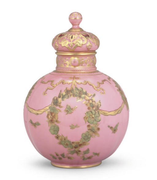 A ROYAL CROWN DERBY PINK-GROUND GLOBULAR VASE, COVER AND LINER AND A DARK-BLUE GROUND VASE