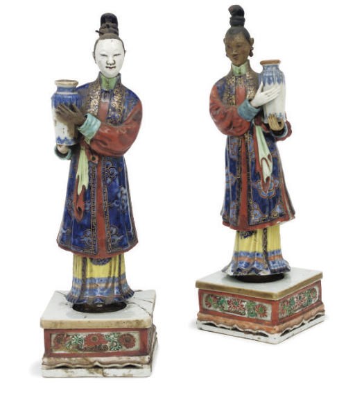 A Pair of Chinese export nodding-head lady candle-holders