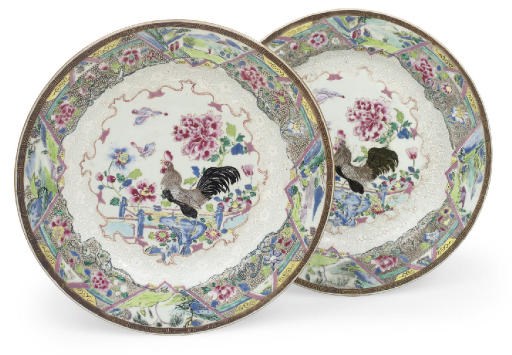 A pair of large Chinese famille rose dishes