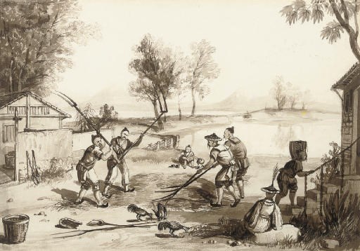 A SET OF SIX WASH DRAWINGS