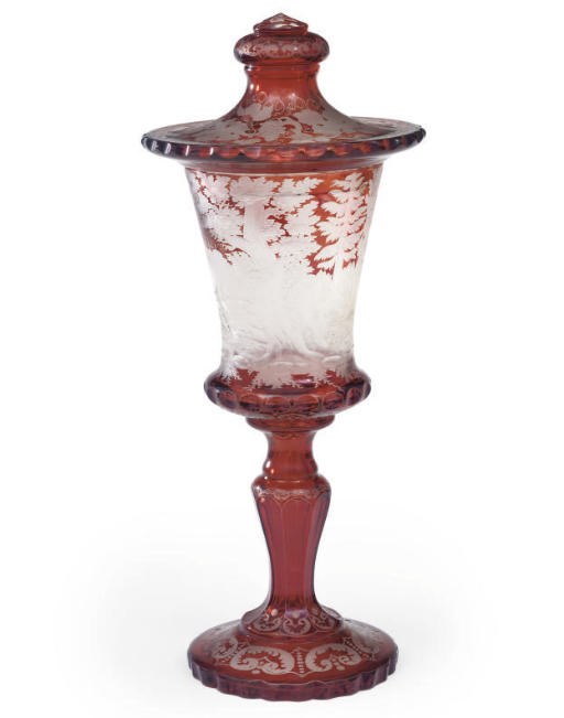 A BOHEMIAN RUBY-FLASH GOBLET AND COVER