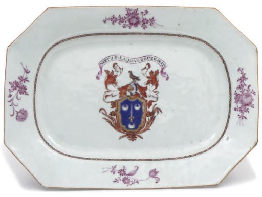 A Chinese famille rose armorial oblong octagonal dish