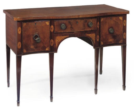 A GEORGE III MAHOGANY AND INLAID SERPENTINE SIDEBOARD
